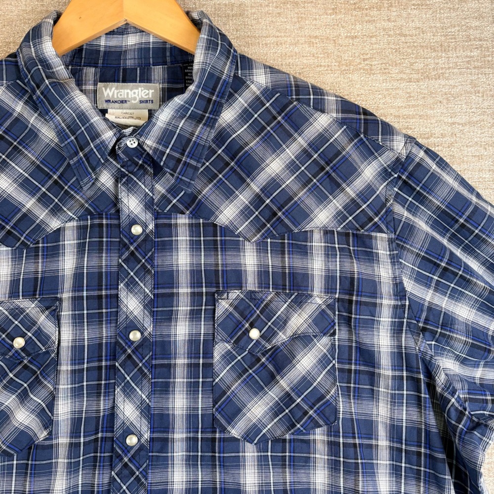 Wrangler Wrancher Mens XXL Blue Plaid Western Pearl Snap Shirt EUC Cowboy Retro